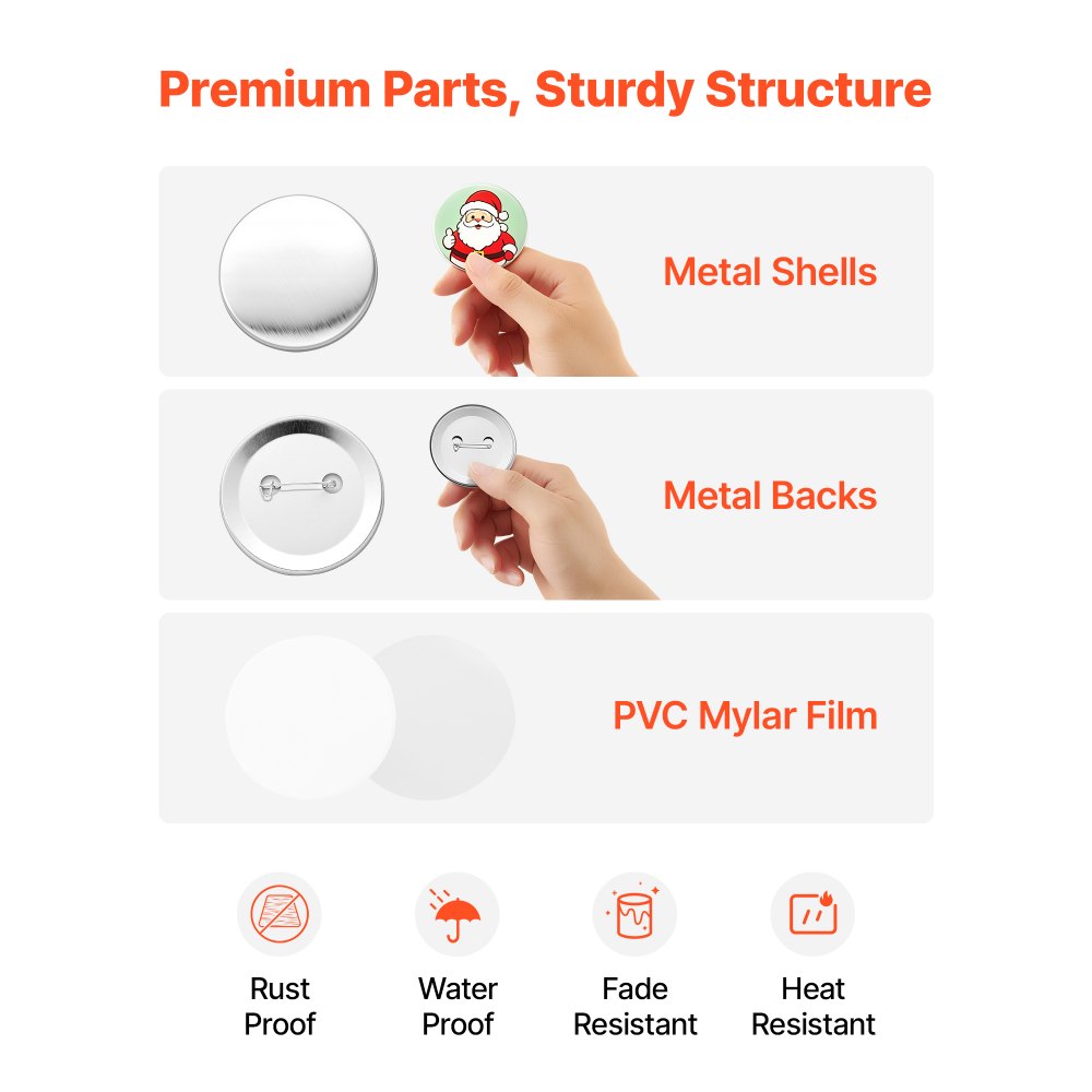 VEVOR Button Maker Supplies 200 Sets 2.28 in / 58 mm Pin Back Button Parts, with Metal Backs, Metal Shells, Clear Mylar Films, and Blank Circle Papers, for Home DIY, School Events, and Custom Studio
