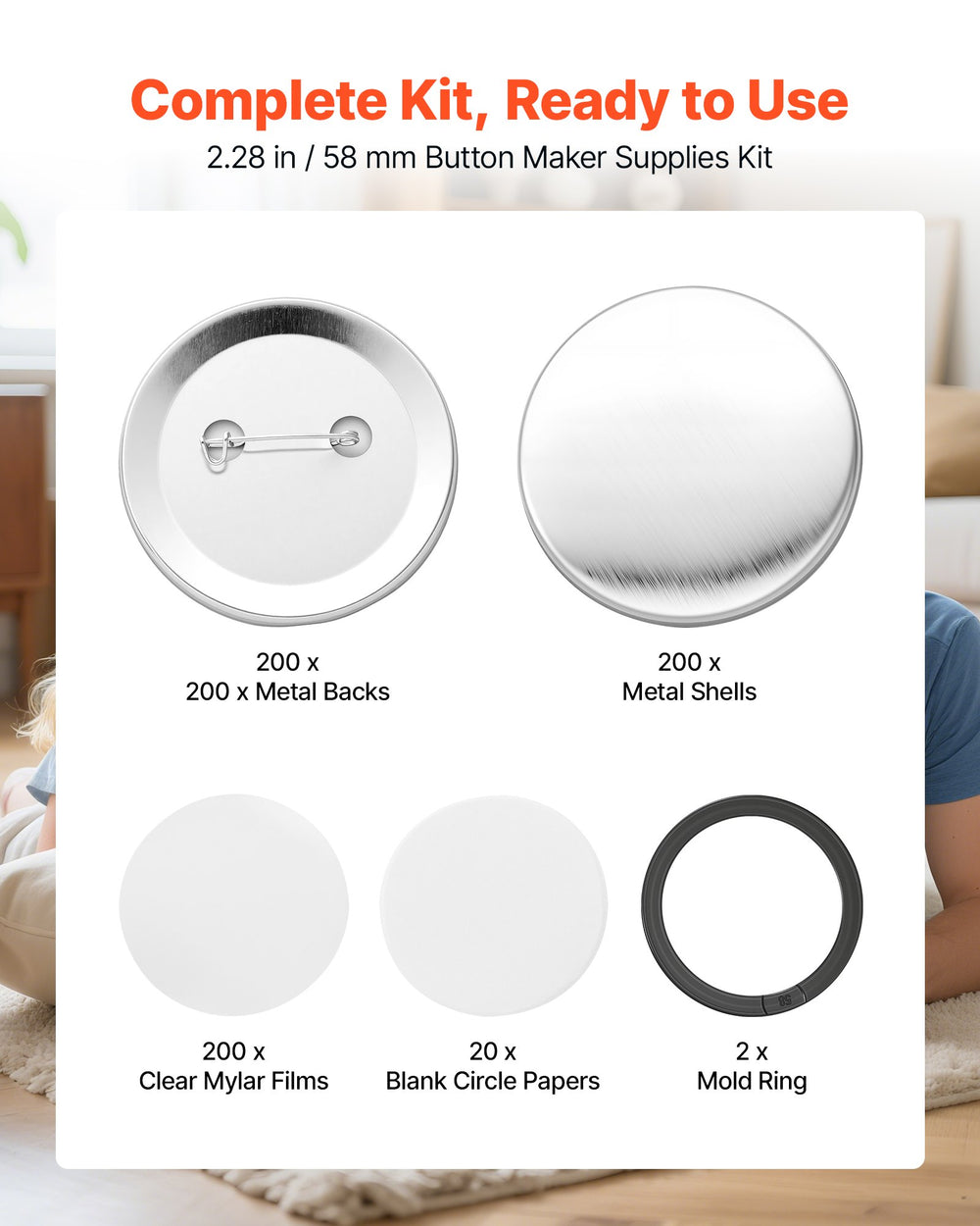 VEVOR Button Maker Supplies 200 Sets 2.28 in / 58 mm Pin Back Button Parts, with Metal Backs, Metal Shells, Clear Mylar Films, and Blank Circle Papers, for Home DIY, School Events, and Custom Studio