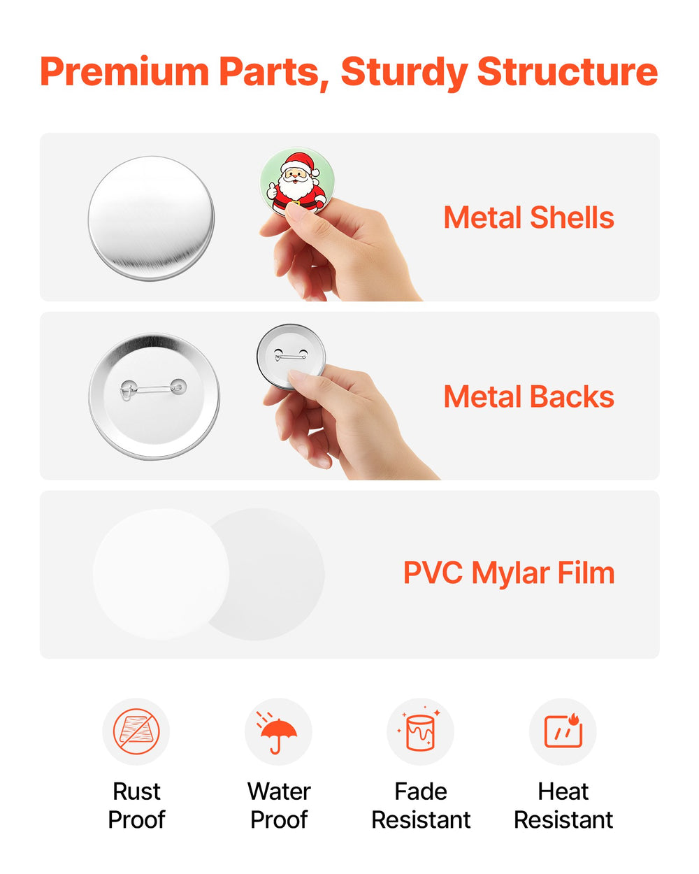 VEVOR Button Maker Supplies 200 Sets 2.28 in / 58 mm Pin Back Button Parts, with Metal Backs, Metal Shells, Clear Mylar Films, and Blank Circle Papers, for Home DIY, School Events, and Custom Studio