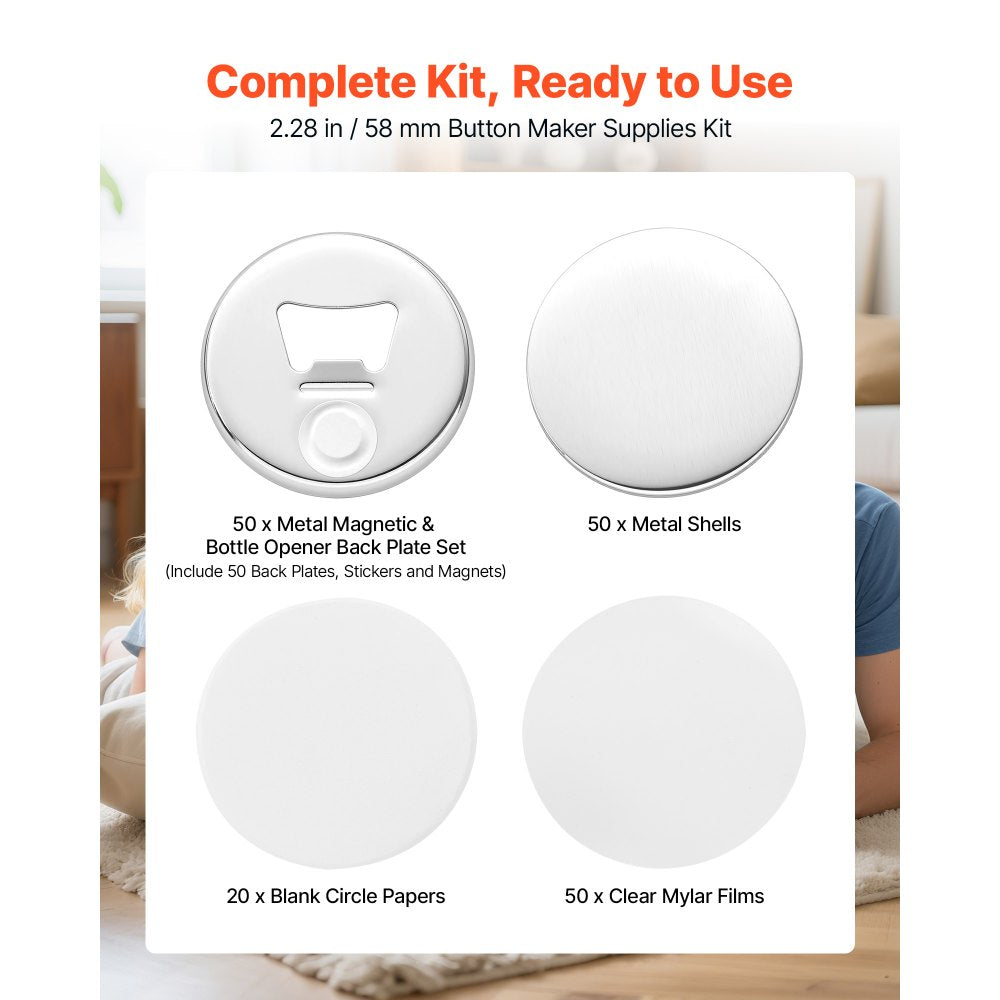 VEVOR Button Maker Supplies 50 Sets 2.28 in / 58 mm Magnet Button Parts, with Magnetic and Bottle Opener Backs, Metal Shells, Clear Mylar Films, and Blank Circle Papers, for Home DIY, Kitchen Decor