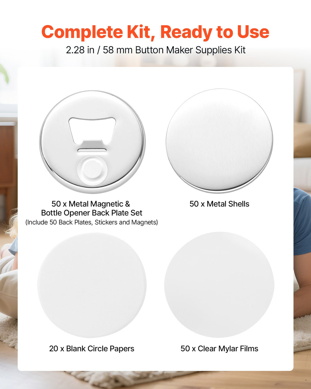 VEVOR Button Maker Supplies 50 Sets 2.28 in / 58 mm Magnet Button Parts, with Magnetic and Bottle Opener Backs, Metal Shells, Clear Mylar Films, and Blank Circle Papers, for Home DIY, Kitchen Decor