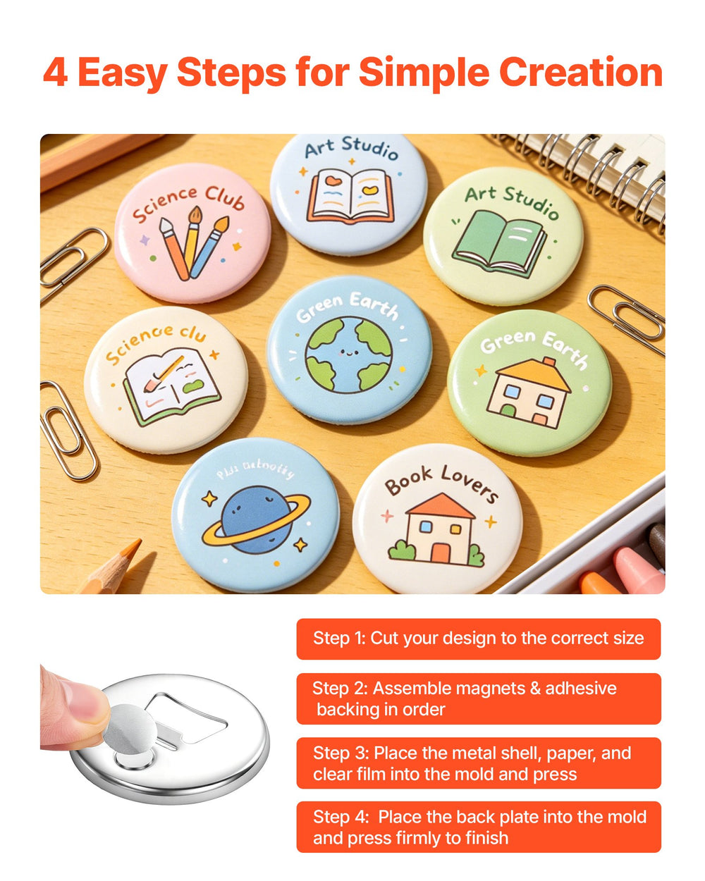 VEVOR Button Maker Supplies 50 Sets 2.28 in / 58 mm Magnet Button Parts, with Magnetic and Bottle Opener Backs, Metal Shells, Clear Mylar Films, and Blank Circle Papers, for Home DIY, Kitchen Decor