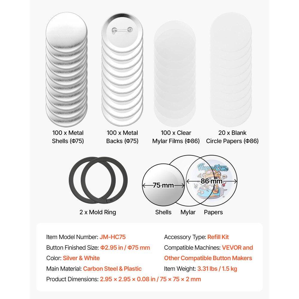 VEVOR Button Maker Supplies 100 Sets 2.95 in / 75 mm Pin Back Button Parts, with Metal Backs, Metal Shells, Clear Mylar Films, and Blank Circle Papers, for Home DIY, School Events, and Custom Studio