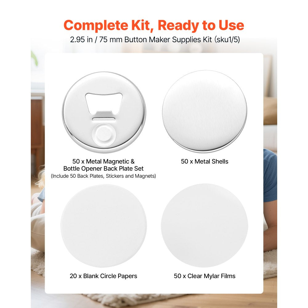 VEVOR Button Maker Supplies 50 Sets 2.95 in / 75 mm Magnet Button Parts, with Magnetic and Bottle Opener Backs, Metal Shells, Clear Mylar Films, and Blank Circle Papers, for Home DIY, Kitchen Decor
