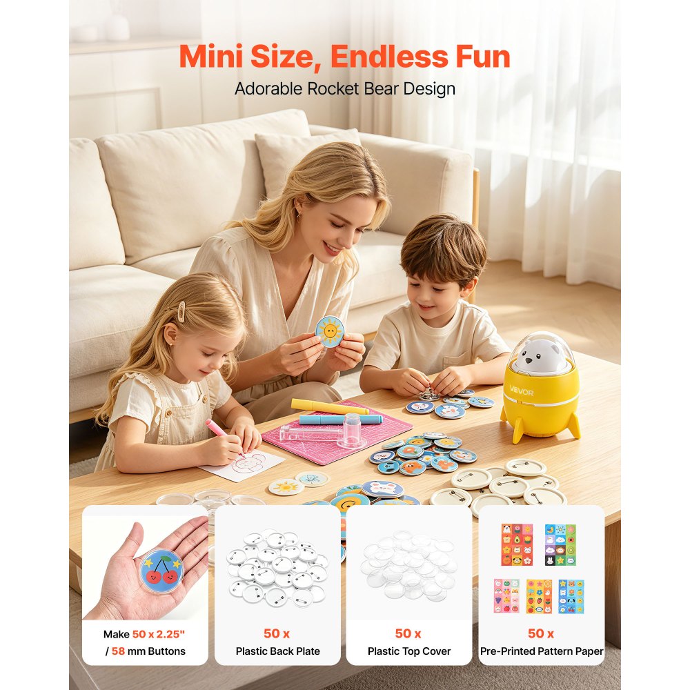 VEVOR Button Maker Machine, 2.25" / 58 mm, Plastic Pin Badge Maker with 50pcs Button Parts and Pre-Printed Pattern Paper, Circle Cutter, Compact Body, for Home DIY, School Events, Birthday Present