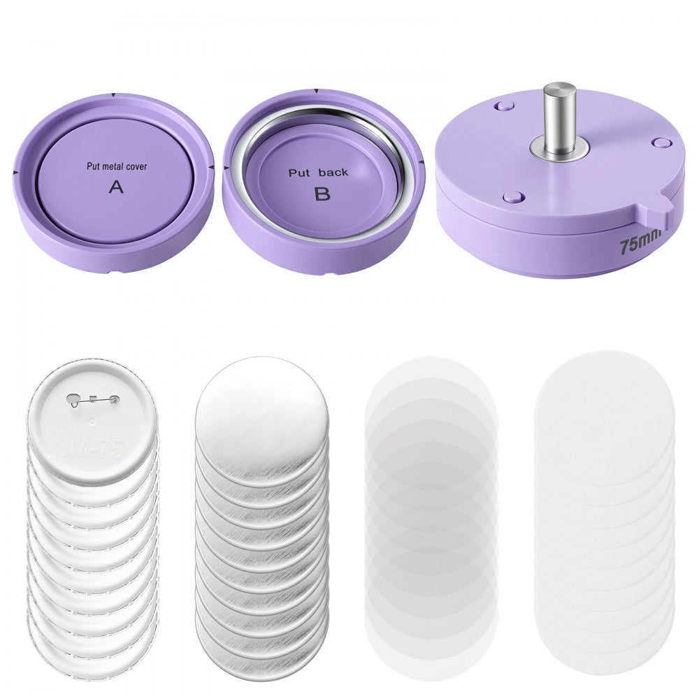VEVOR Button Maker Mold with Supplies 2.95 in / 75 mm Interchangeable Mold, for VEVOR Magnetic Fast-Change Button Maker Machine, with 100 Backs, Shells, Clear Films, and 20 Blank Circle Papers