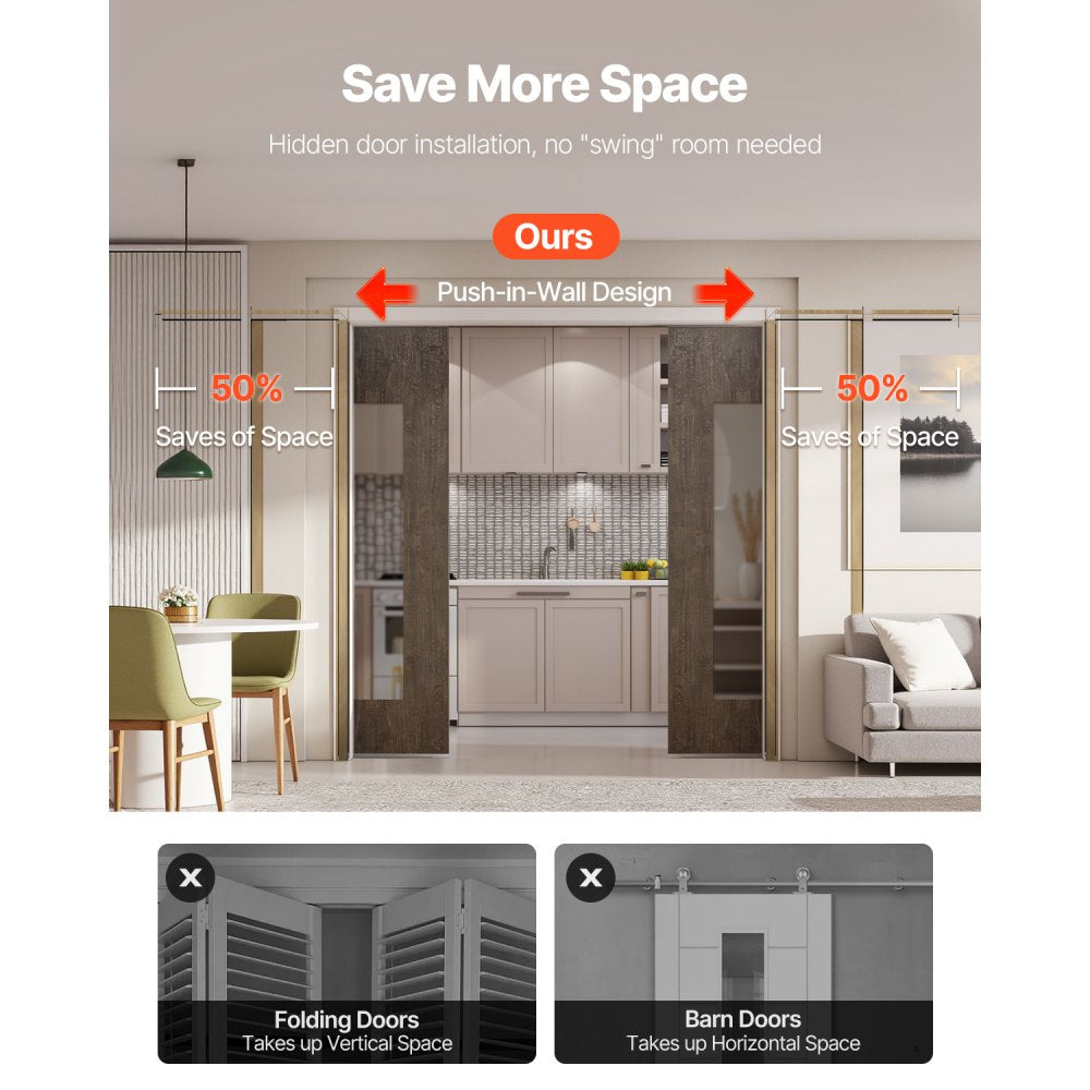 VEVOR Pocket Door Frame Kit, for 48-72 in Wide 80 in High Door, Pocket Door Kit with Two-Way Soft Close Mechanism, Slide Smoothly Quietly, Easy to Install, Wood and Galvanized Steel, for Living Room