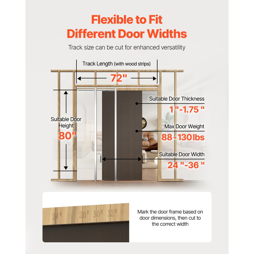 VEVOR Pocket Door Frame Kit, for 24-36 in Wide 80 in High Door, Pocket Door Kit with Two-Way Soft Close Mechanism, Slide Smoothly Quietly, Easy to Install, Premium Galvanized Steel, for Living Room