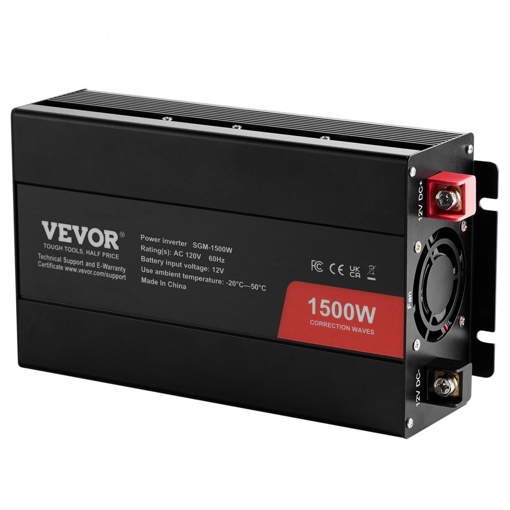 VEVOR Modified Sine Wave Inverter, 1500W, DC 12V to AC 120V Power Inverter with 2 AC Outlets 2 USB Port 1 Type-C Port 6 Spare Fuses, for Small Home Devices like Smartphone Laptop, CE FCC Certified