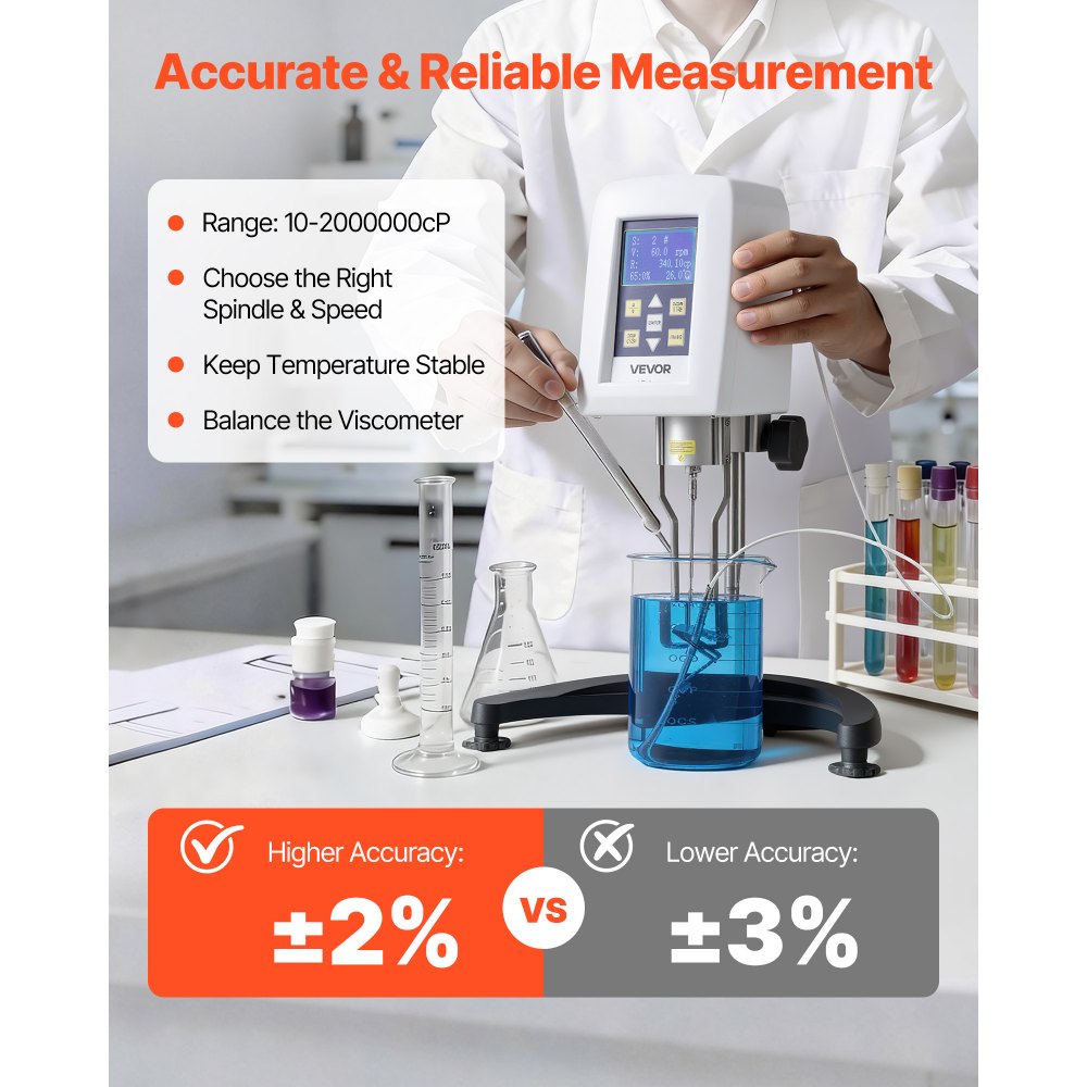 VEVOR Digital Rotary Viscometer, 10-2,000,000 mPa.s(cP), ±2% Accuracy, 100-240V Digital Rotational Viscosity Meter with 4 Rotors and Temperature Probe, LCD Display, Lab Viscometer for Fluid Testing