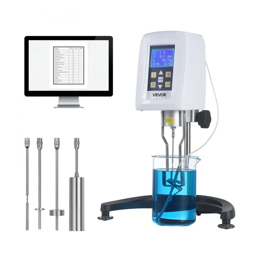 VEVOR Digital Rotary Viscometer, 10-2,000,000 mPa.s(cP), ±2% Accuracy, 100-240V Digital Rotational Viscosity Meter with 4 Rotors and Temperature Probe, LCD Display, Lab Viscometer for Fluid Testing