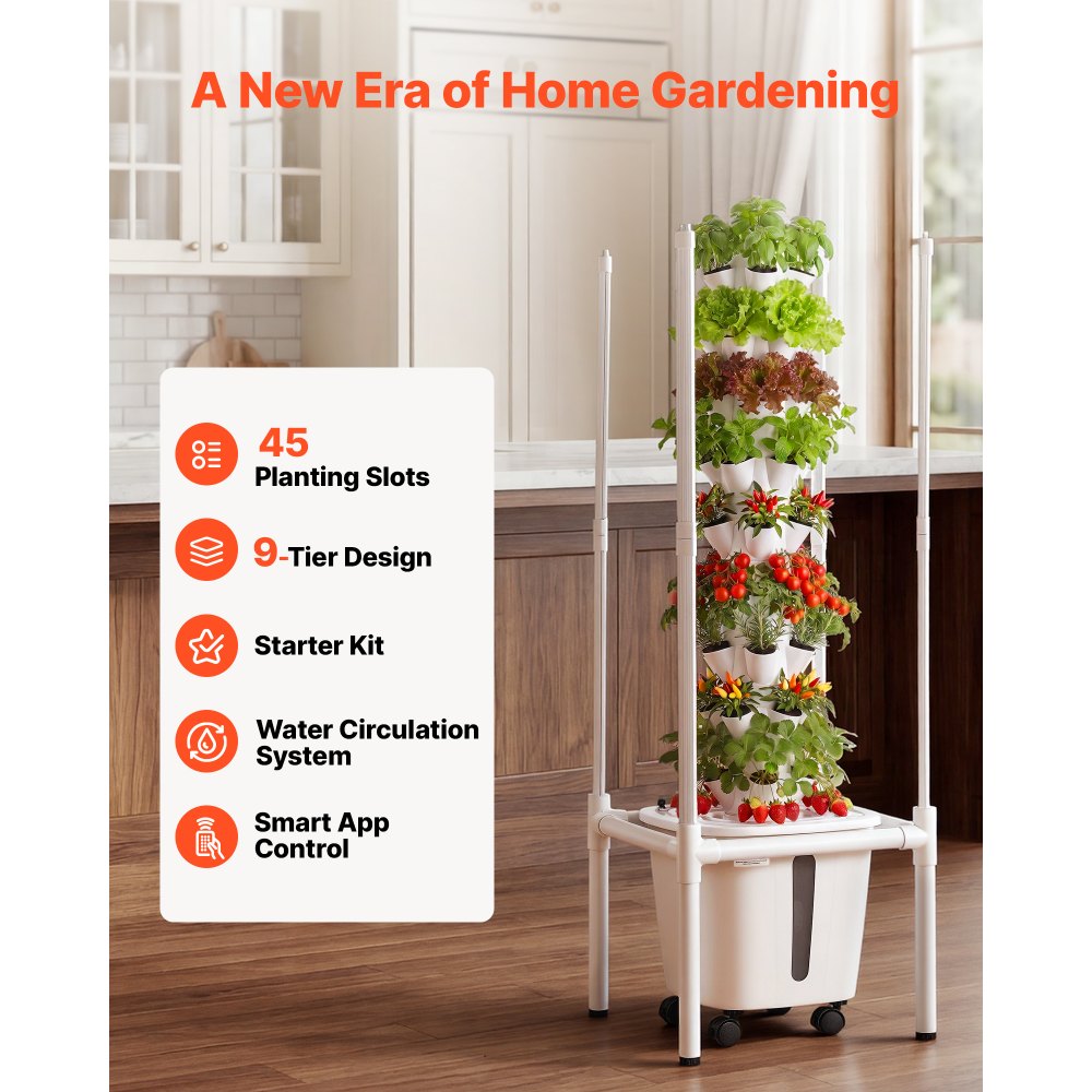 VEVOR Hydroponic Tower, 45 Pods 9 Tiers Hydroponics Growing System Kit with LED Grow Light, App Control & Casters, Vertical Home Garden with 20L Water Tank & Pump for Indoor Herbs, Fruits, Vegetables