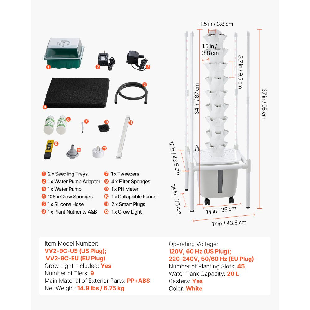 VEVOR Hydroponic Tower, 45 Pods 9 Tiers Hydroponics Growing System Kit with LED Grow Light, App Control & Casters, Vertical Home Garden with 20L Water Tank & Pump for Indoor Herbs, Fruits, Vegetables