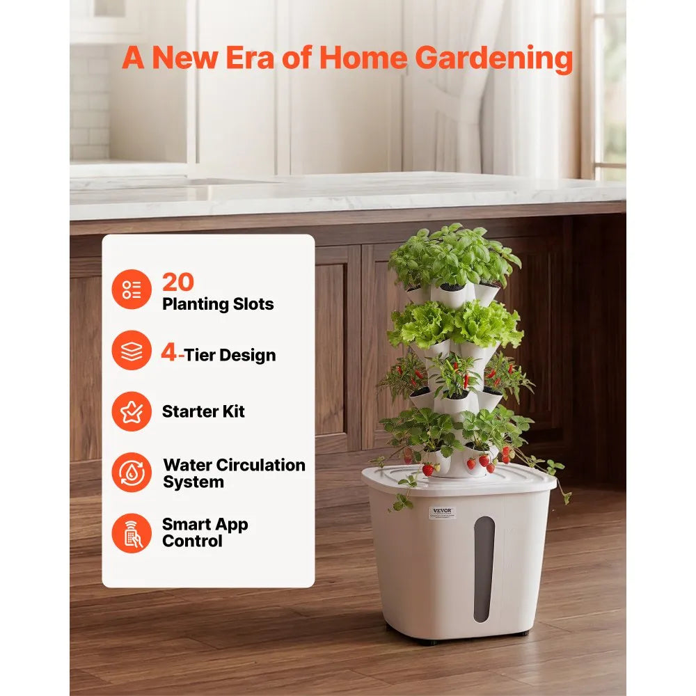 VEVOR Hydroponic Tower, 20 Pods 4 Tiers Hydroponics Growing System Kit, Vertical Home Hydronic Garden with 20L Water Tank & Pump, Planter Plants Germination Kit for Indoor Herbs, Fruits, Vegetables