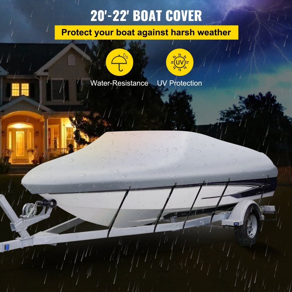 VEVOR Waterproof Boat Cover, 20\'-22\' Trailerable Boat Cover, Beam Width up to 106\" v Hull Cover Heavy Duty 210D Marine Grade Polyester Mooring Cover for Fits V-Hull Boat with 5 Tightening Straps