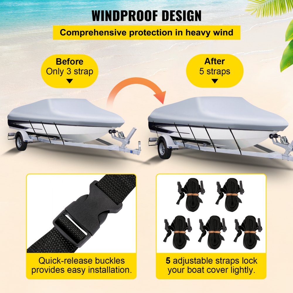VEVOR Waterproof Boat Cover, 20\'-22\' Trailerable Boat Cover, Beam Width up to 106\" v Hull Cover Heavy Duty 210D Marine Grade Polyester Mooring Cover for Fits V-Hull Boat with 5 Tightening Straps
