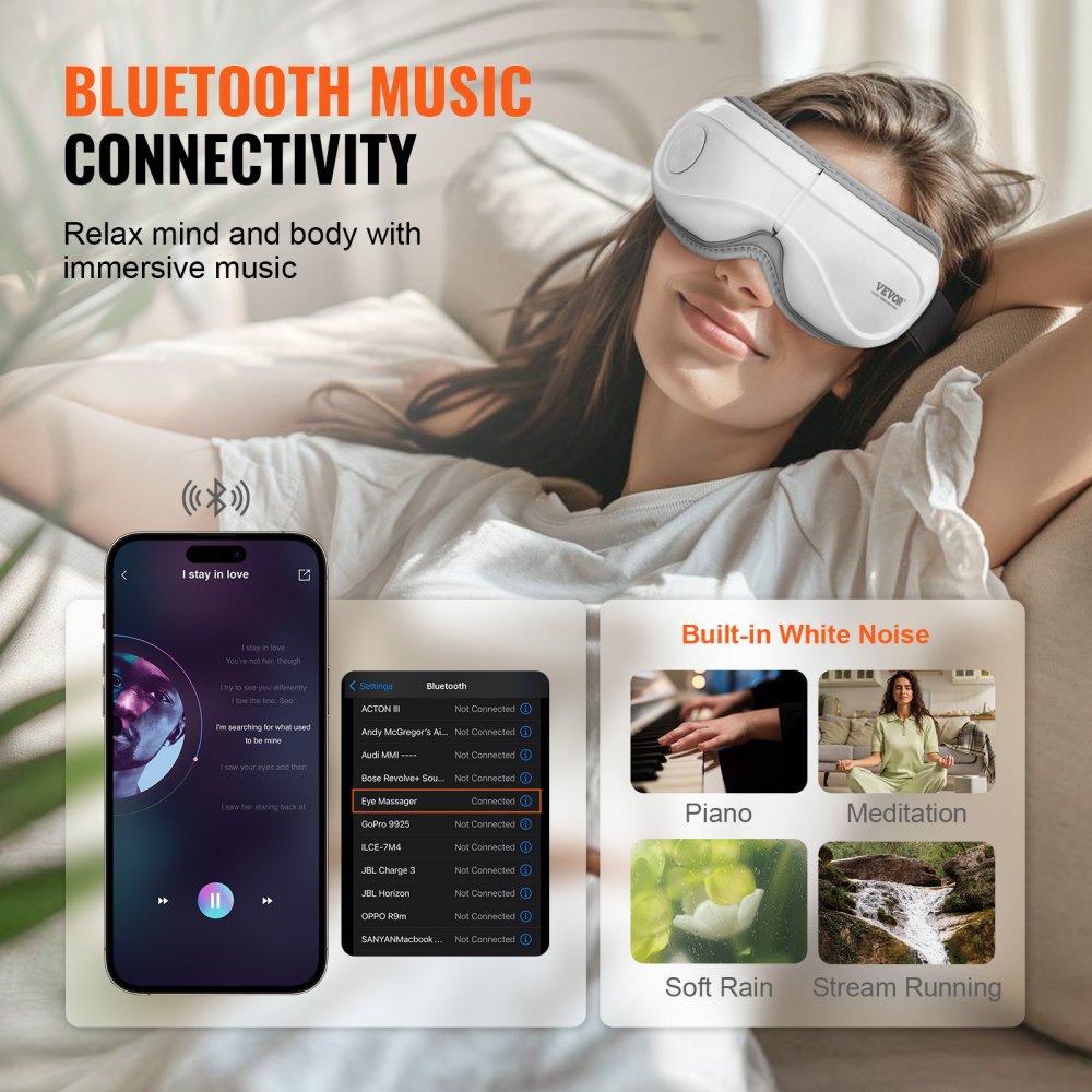 VEVOR Eye Massager with Heat, Heated Eye Massage Mask with 5 Modes and Bluetooth Music, 180° Foldable Eye Care Massager for Migraines, Eye Strain, Dark Circles, Ideal Gift for Mom/Dad, White