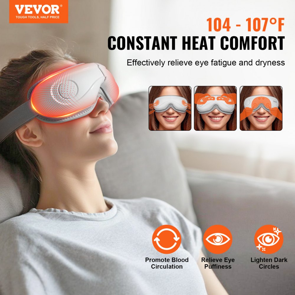 VEVOR Eye Massager with Heat & Remote, Heated Eye Massage Mask with 5 Modes and Bluetooth Music, 180° Foldable Eye Care Massager for Eye Strain, Dry Eyes, Dark Circles, Ideal Gift for Mom/Dad, Black