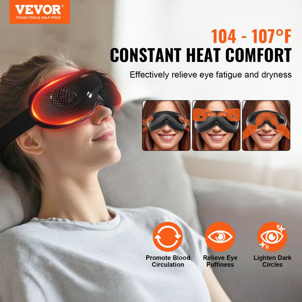 VEVOR Eye Massager with Heat, Heated Eye Massage Mask with 5 Modes and Bluetooth Music, 180° Foldable Eye Care Massager for Migraines, Eye Strain, Dark Circles, Ideal Gift for Mom/Dad, Black