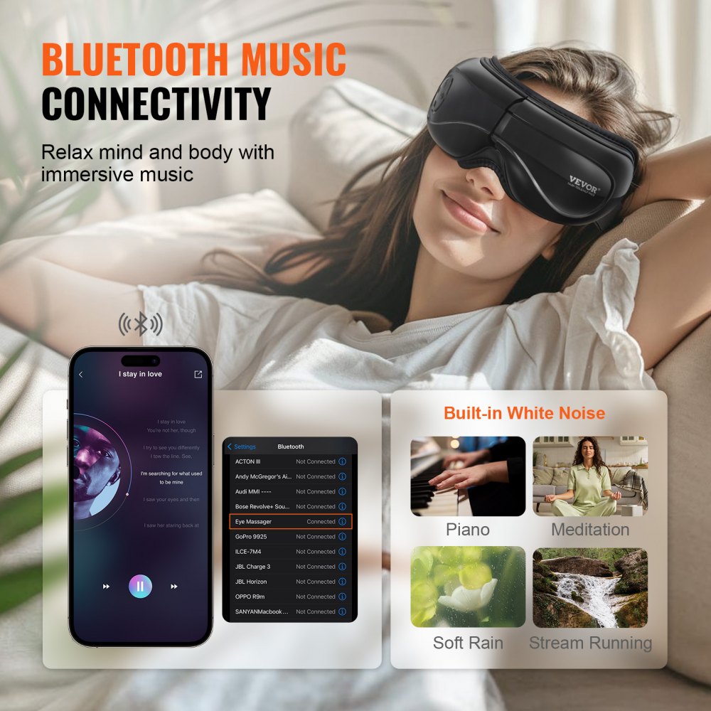 VEVOR Eye Massager with Heat, Heated Eye Massage Mask with 5 Modes and Bluetooth Music, 180° Foldable Eye Care Massager for Migraines, Eye Strain, Dark Circles, Ideal Gift for Mom/Dad, Black