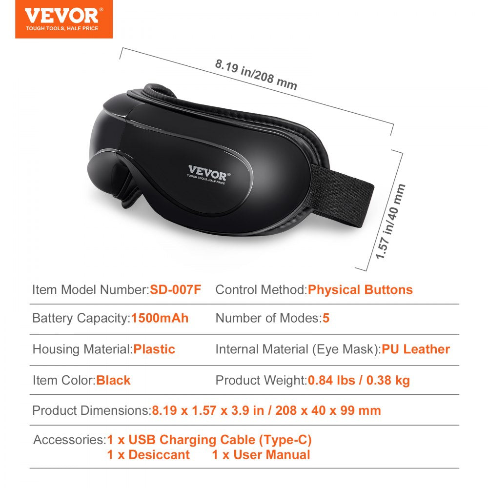 VEVOR Eye Massager with Heat, Heated Eye Massage Mask with 5 Modes and Bluetooth Music, 180° Foldable Eye Care Massager for Migraines, Eye Strain, Dark Circles, Ideal Gift for Mom/Dad, Black