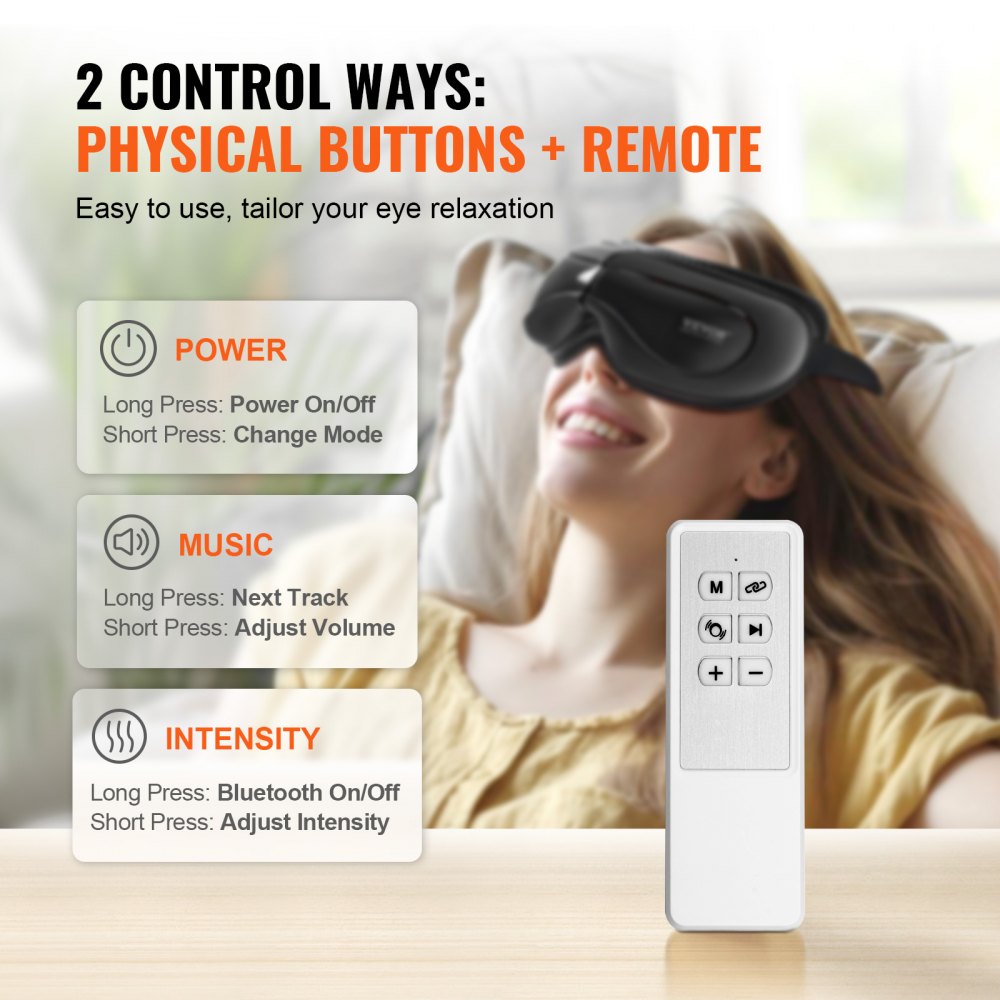 VEVOR Eye Massager with Heat & Remote, Heated Eye Massage Mask with 5 Modes and Bluetooth Music, 180° Foldable Eye Care Massager for Eye Strain, Dry Eyes, Dark Circles, Ideal Gift for Mom/Dad, Black