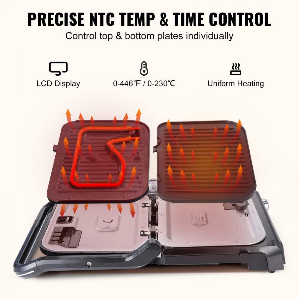 VEVOR 7 IN 1 Commercial Electric Griddle, 14.4" 1800W Indoor Countertop Grill, Stainless Steel Restaurant Teppanyaki Grill with Non Stick Iron Cooking Plate, 0-446℉ Adjustable Temp Control 110V