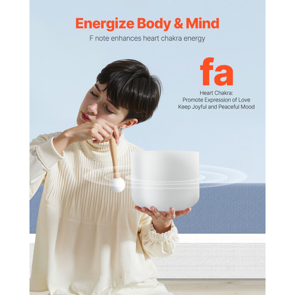 VEVOR Crystal Singing Bowl, 8-inch F Note Heart Chakra Singing Bowl, Frosted Quartz Singing Bowl with Rubber Mallet and O-Ring, Perfect for Meditation, Yoga, Sound Baths, Sound Healing