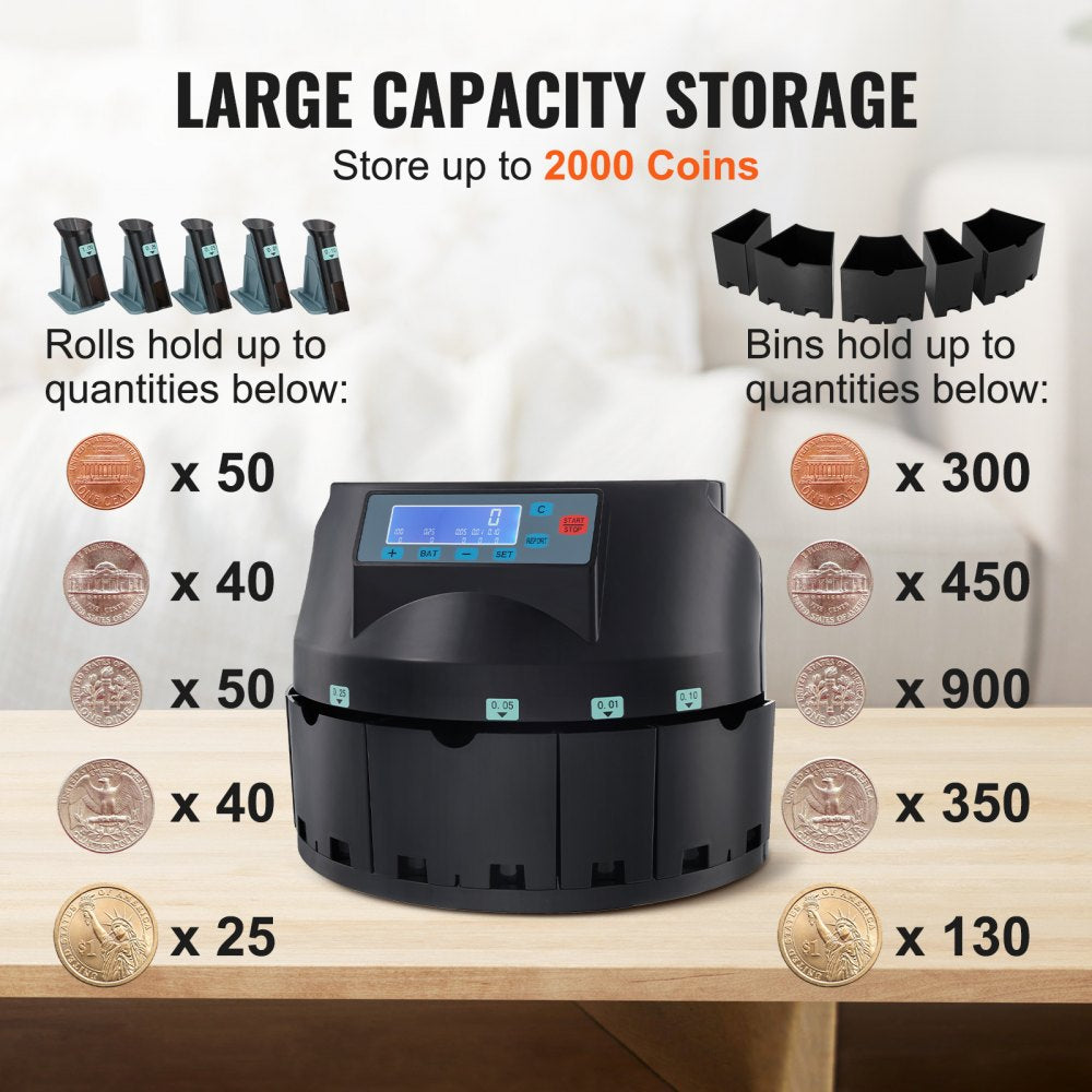 VEVOR USD Coin Counter & Coin Sorters with LCD Display, Coin Sorter Machine for USD Coin 1￠ 5￠ 10￠ 25￠ $1, Sorts up to 300 Coins/min, Change Counter Holds 2000 Coins Included 5 Coin Bins & 5 Tubes