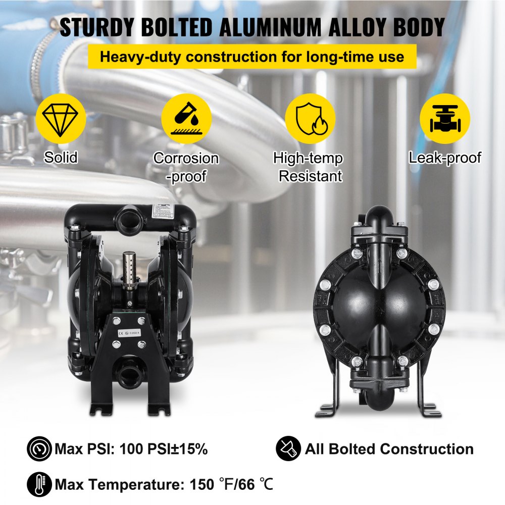 VEVOR Air-Operated Double Diaphragm Pump 1 inch Inlet Outlet Aluminum 24 GPM Max 120PSI for Industrial Use