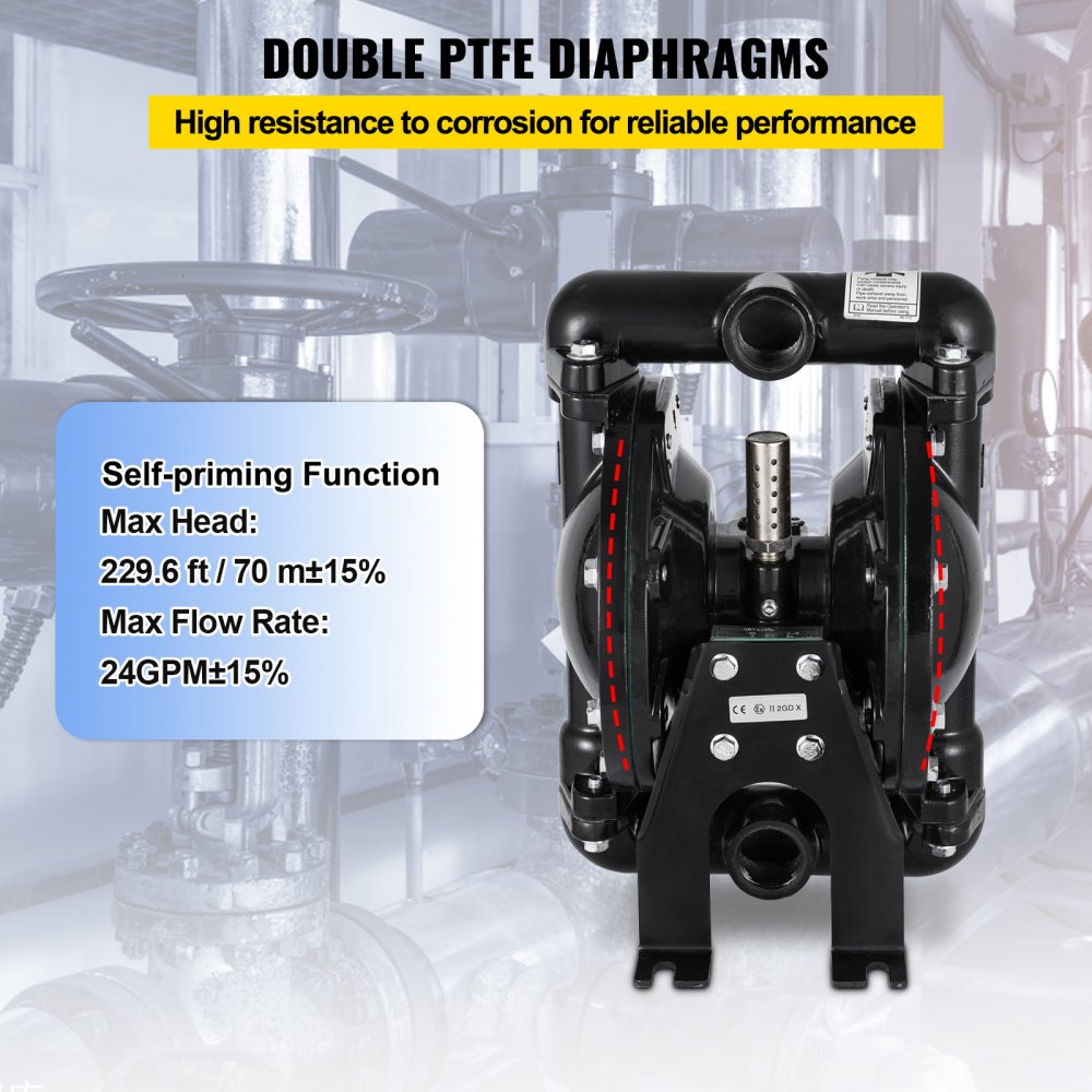 VEVOR Air-Operated Double Diaphragm Pump 1 inch Inlet Outlet Aluminum 24 GPM Max 120PSI for Industrial Use