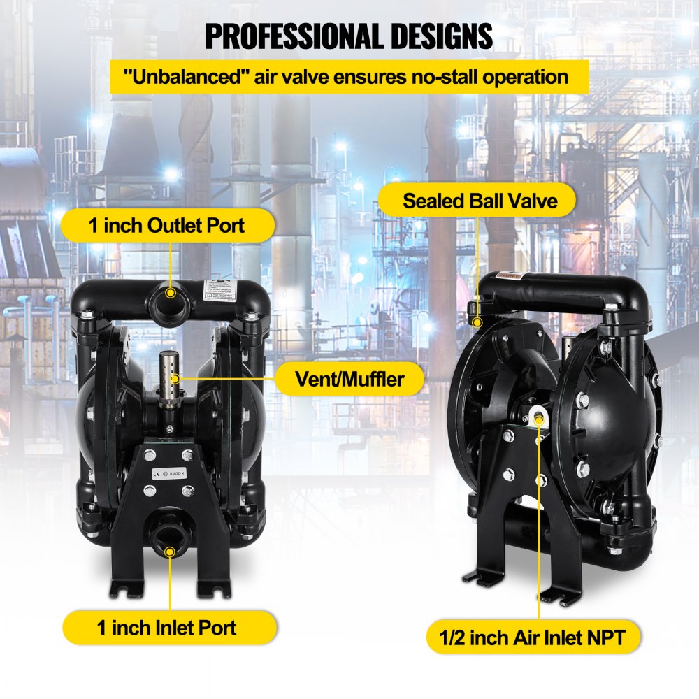 VEVOR Air-Operated Double Diaphragm Pump 1 inch Inlet Outlet Aluminum 24 GPM Max 120PSI for Industrial Use