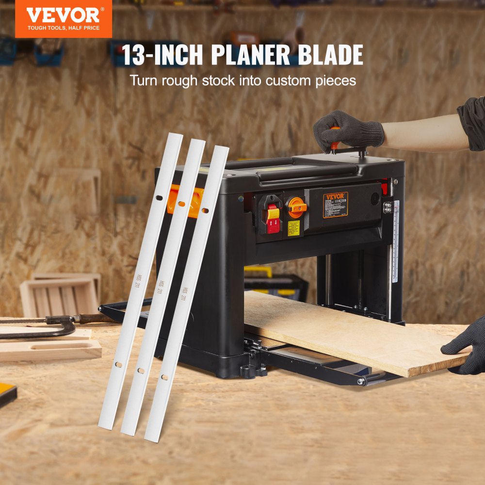 VEVOR Thickness Planer Blades, 13-inch, HSS Crafted for Durability, HRC55-60, Easy Installation with Pre-drilled Holes, Ideal for Woodworking, Home Projects & Industrial Use, 3-Pack
