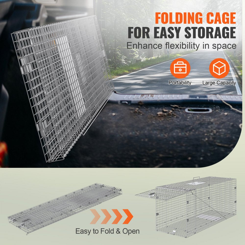 VEVOR Humane Live Animal Trap, Dimensions 50" x 20" x 26", Crafted from Galvanized Iron, Collapsible Design with Carrying Handle for Capturing Stray Dogs, Armadillos, Raccoons, Marmots, and Foxes