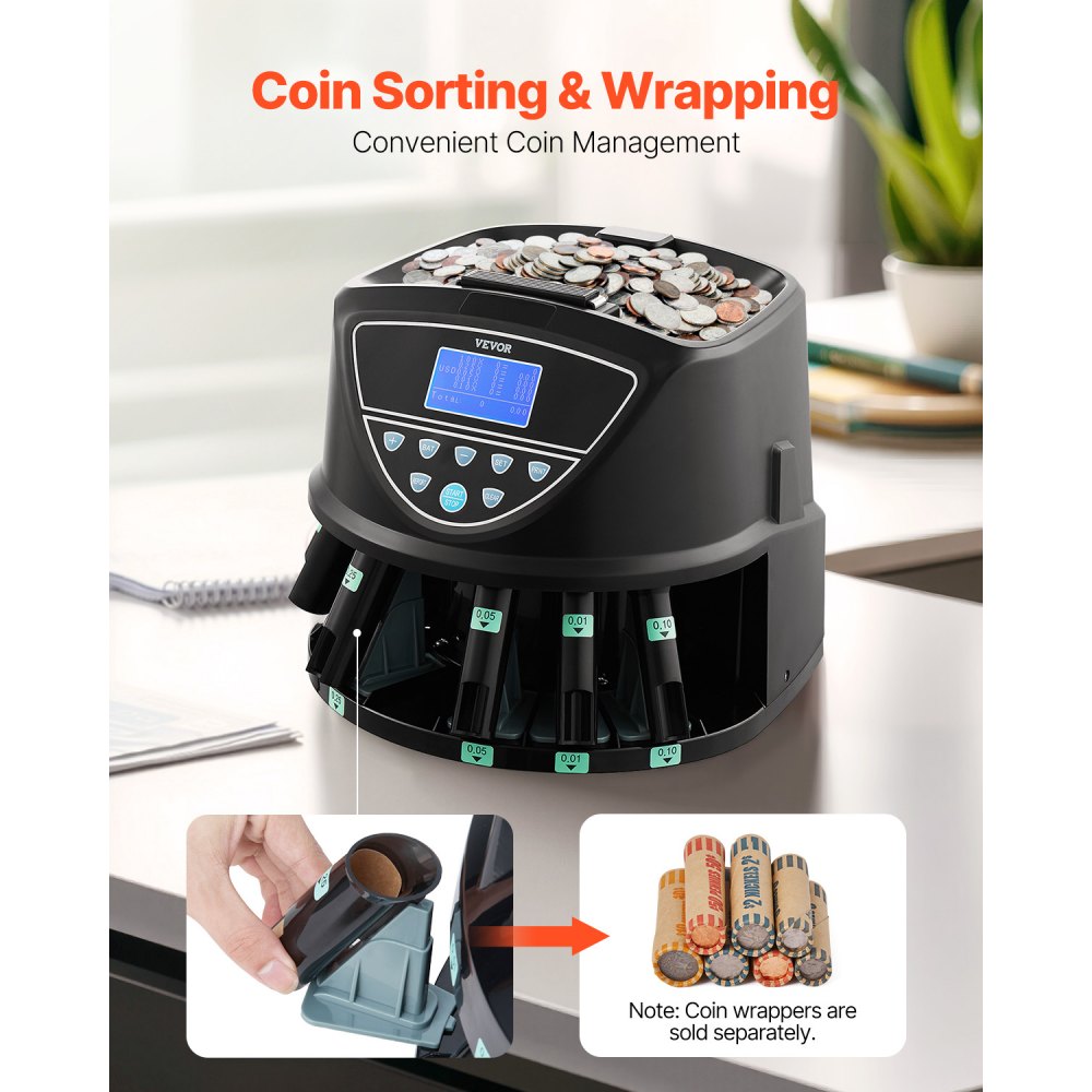 VEVOR USD Coin Sorter, Coin Counter Machine for 5 Kinds of USD Coins, Coin Sorter and Wrapper Machine Holds up to 2000 Coins, Screen Display Coin Storage Included 5 Coin Tubes and Boxes