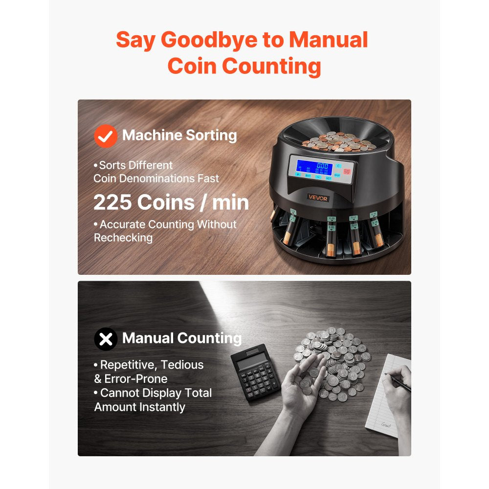 VEVOR Coin Counter Machine, 5 Denominations, Accurate Coin Sorter Machine, Sorts Up to 225 Coins Per Minute, USD Change Counter with LCD Display, Smooth Operation, Batch Feature, Holds 1500 Coins