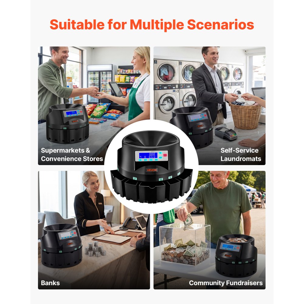 VEVOR Coin Counter Machine, 5 Denominations, Accurate Coin Sorter Machine, Sorts Up to 225 Coins Per Minute, USD Change Counter with LCD Display, Smooth Operation, Batch Feature, Holds 1500 Coins
