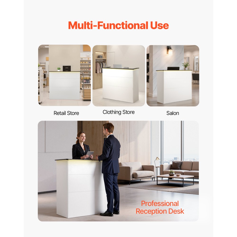 VEVOR Reception Desk, 50 inch Rectangular Front Counter Table, Modern Office Reception Desk with Light Strip, 3 Drawers & Storage Cabinets, Retail Counter Table for Checkout, Lobby, Salon, Office
