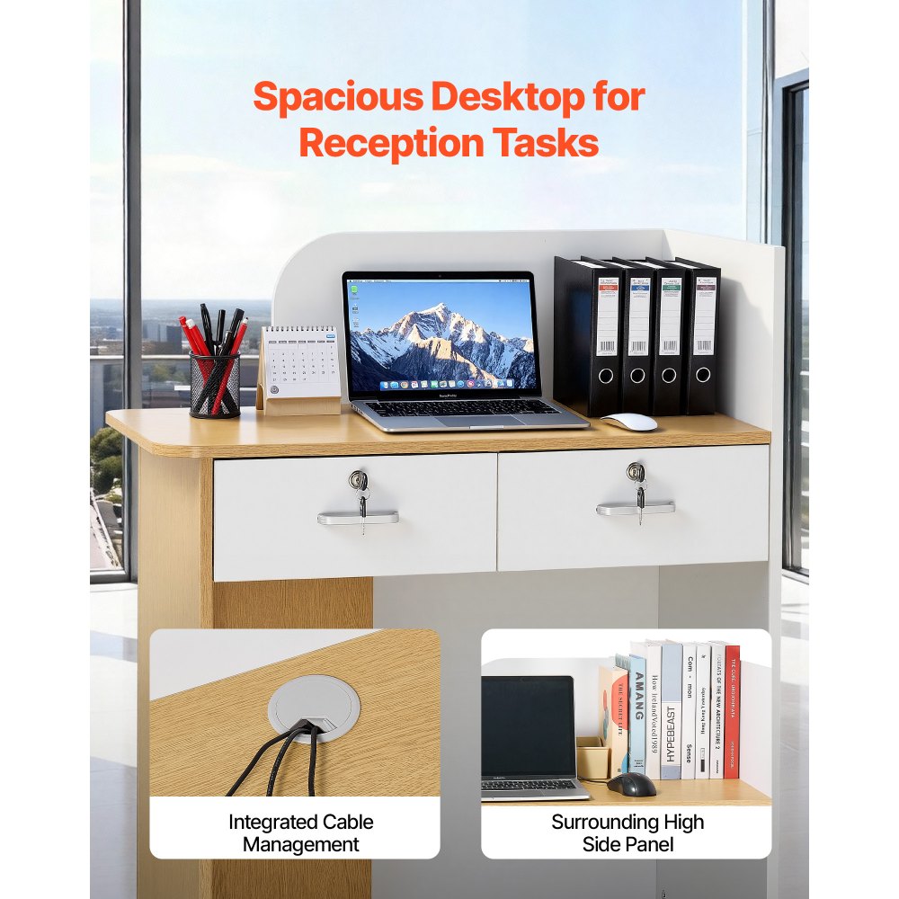 VEVOR Reception Desk, 31.5 inch Rectangular Front Counter Table, Modern Office Reception Desk with LED Light, 2 Drawers & Power Outlets, Retail Counter Table for Checkout, Lobby, Beauty Salon, Office