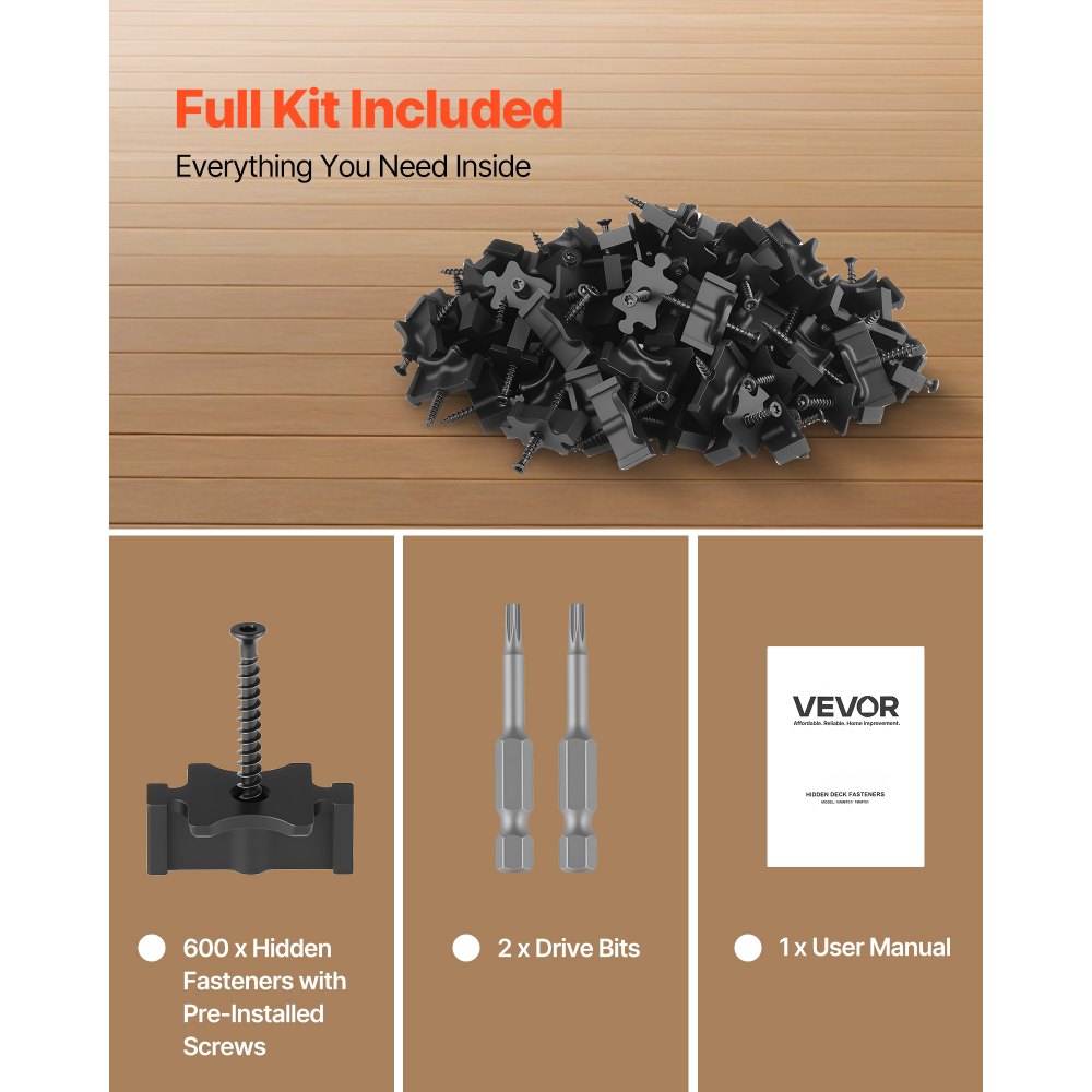 VEVOR 600PCS Hidden Deck Fasteners for Composite Decking Board, Universal Composite T Clips & Plastic Hidden Fasteners with Metal Screws,Polypropylene PP Clips Works with 0.26 inch Gaps, Black