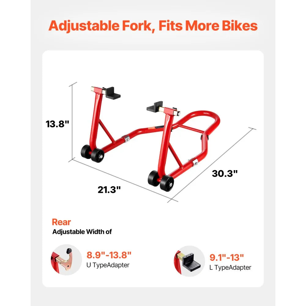 VEVOR Motorcycle Rear Wheel Stand, 850 LBS Load Capacity Heavy Duty Rear Wheel Stand with U + L Fork Swingarm Spool, Adjustabe Motorcycle Lift Jack Stand, for Suzuki Yamaha Honda Kawasaki, Red