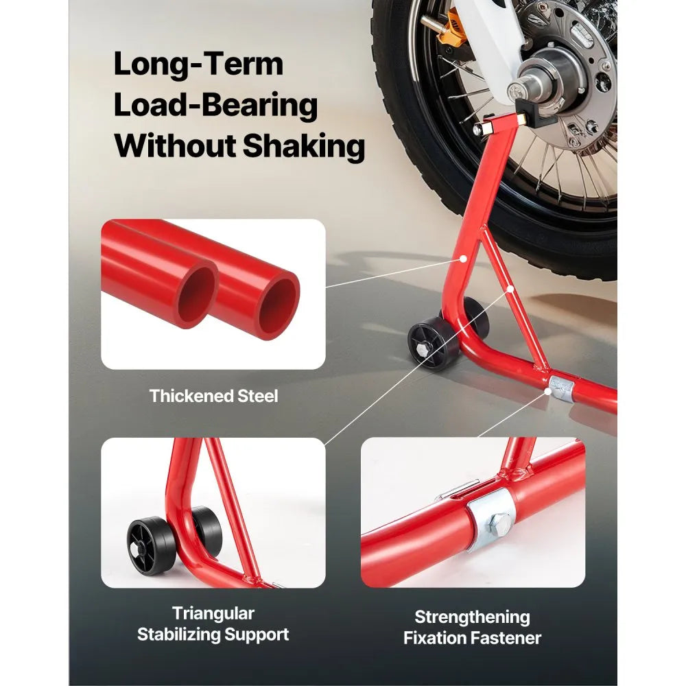 VEVOR Motorcycle Rear Wheel Stand, 850 LBS Load Capacity Heavy Duty Rear Wheel Stand with U + L Fork Swingarm Spool, Adjustabe Motorcycle Lift Jack Stand, for Suzuki Yamaha Honda Kawasaki, Red