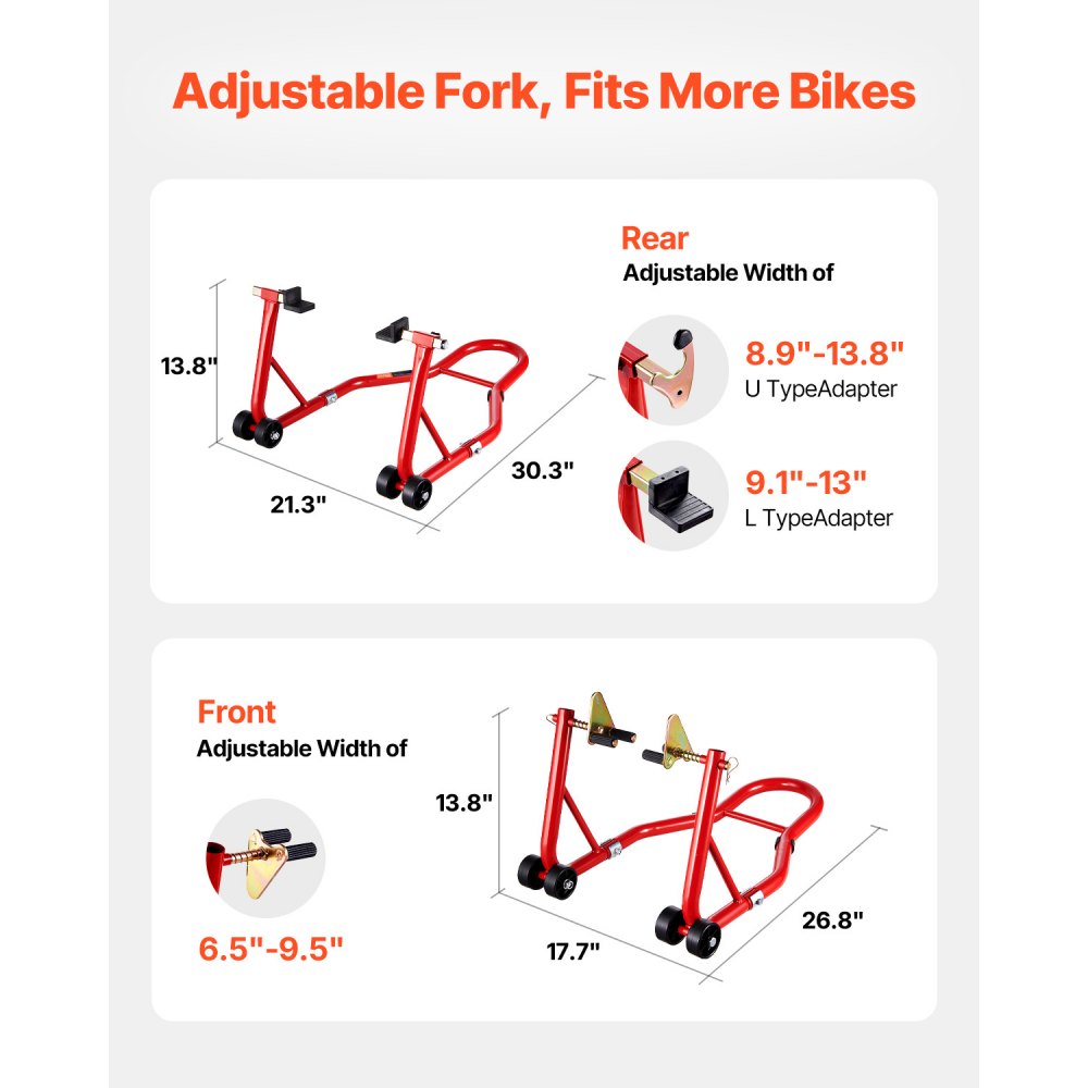 VEVOR Motorcycle Stand Lift, 850lbs Capacity Front Rear Combo Stand Lift, Front Wheel Dual-Fork Stand, Rear U+L Fork Swingarm Spool Stand, for Most Yamaha Honda Kawasaki Suzuki Motorcycles, Red