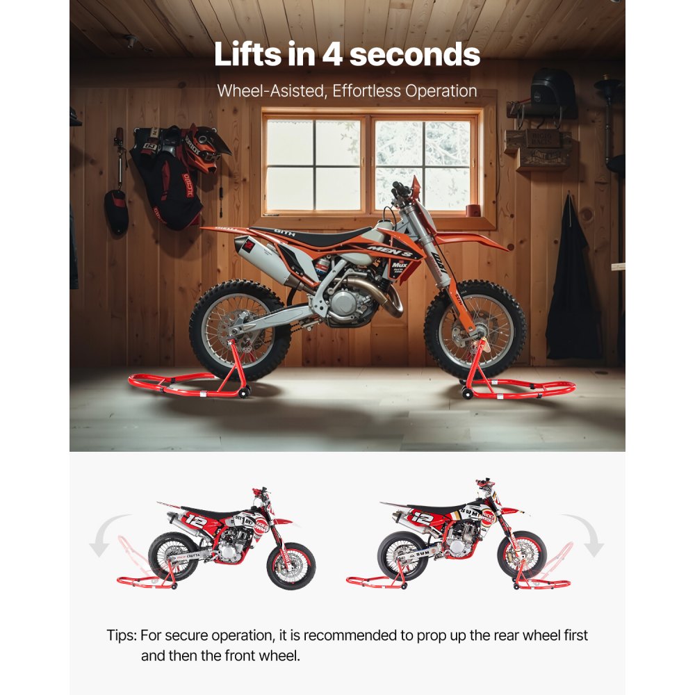 VEVOR Motorcycle Stand Lift, 850lbs Capacity Front Rear Combo Stand Lift, Front Wheel Dual-Fork Stand, Rear U+L Fork Swingarm Spool Stand, for Most Yamaha Honda Kawasaki Suzuki Motorcycles, Red