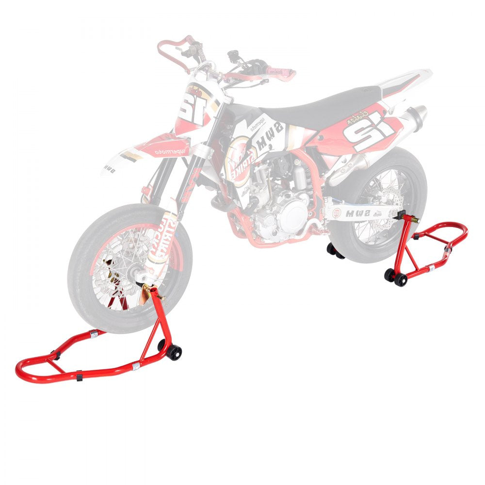 VEVOR Motorcycle Stand Lift, 850lbs Capacity Front Rear Combo Stand Lift, Front Wheel Dual-Fork Stand, Rear U+L Fork Swingarm Spool Stand, for Most Yamaha Honda Kawasaki Suzuki Motorcycles, Red