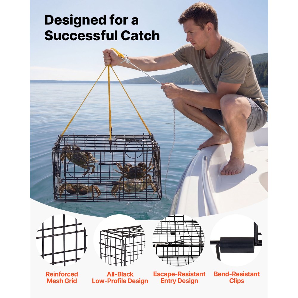 VEVOR Crab Trap, 2 Packs, 24.4x24.4x11.8 inch Heavy Duty Large Crab Pot Trap for Dungeness, Black PVC Coated Wire Mesh for Stealth, with Gauge, Red/White Float, 100ft Leaded Core Rope, and Gloves