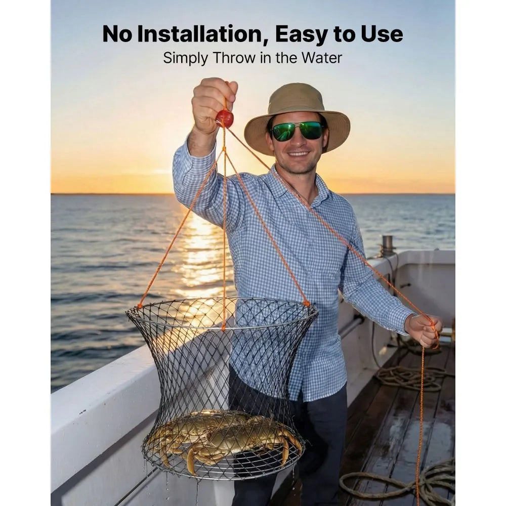 VEVOR Double Ring Crab Trap, 24 inch Top, 20 inch Bottom, Two Rings Crab Kit, Foldable Fishing Net with Gauge, 60 ft Rope, Wire Grid Bottom, Rock and Blue Crab, Dock & Pier Crabbing, 2 Set