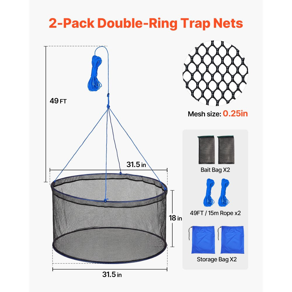 VEVOR Foldable Fishing Net, Landing Fishing Pier Nets, Portable Drop Net for Pulling up Fish, Durable and Fish-friendly, with Rope and Storage Bag, for Minnows, Crawfish, Shrimp, Crab