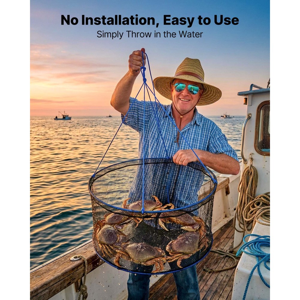 VEVOR Foldable Fishing Net, Landing Fishing Pier Nets, Portable Drop Net for Pulling up Fish, Durable and Fish-friendly, with Rope and Storage Bag, for Minnows, Crawfish, Shrimp, Crab