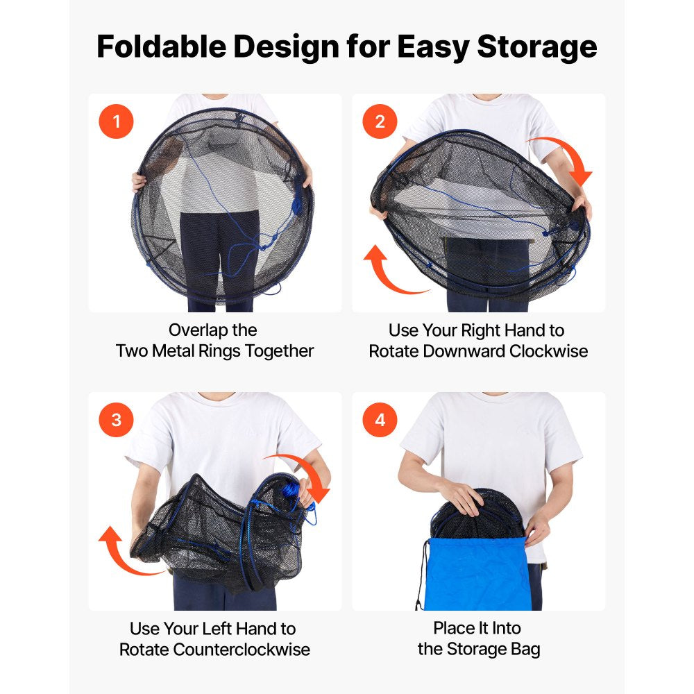 VEVOR Foldable Fishing Net, Landing Fishing Pier Nets, Portable Drop Net for Pulling up Fish, Durable and Fish-friendly, with Rope and Storage Bag, for Minnows, Crawfish, Shrimp, Crab
